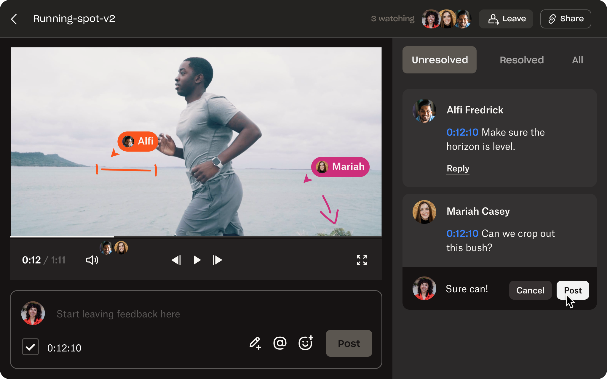 A video of showing someone using Dropbox Replay to view and provide live feedback on a video of a person running.