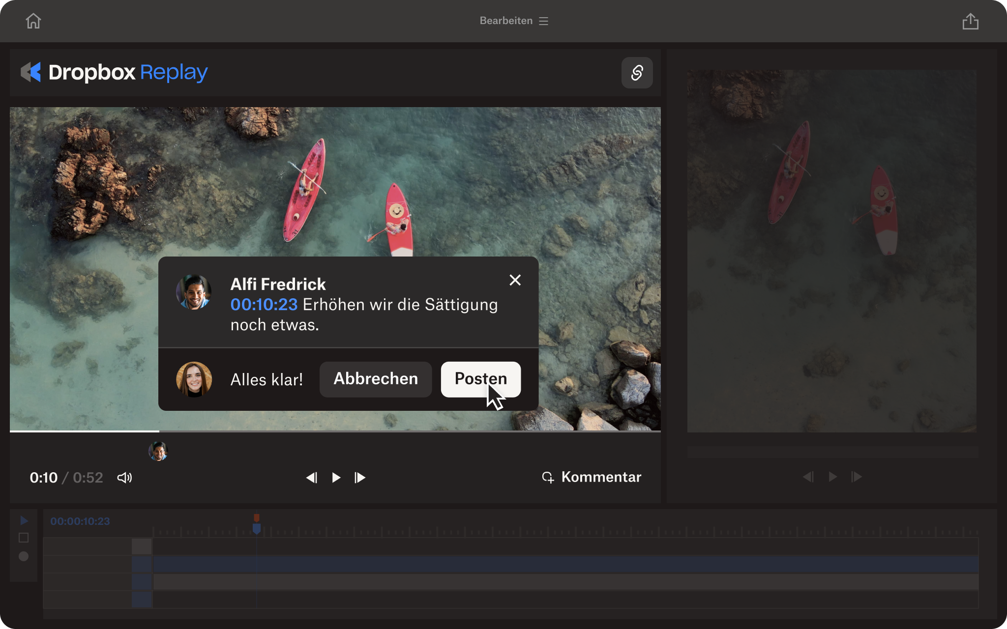Dropbox Replay Bildschirm mit Live-Review