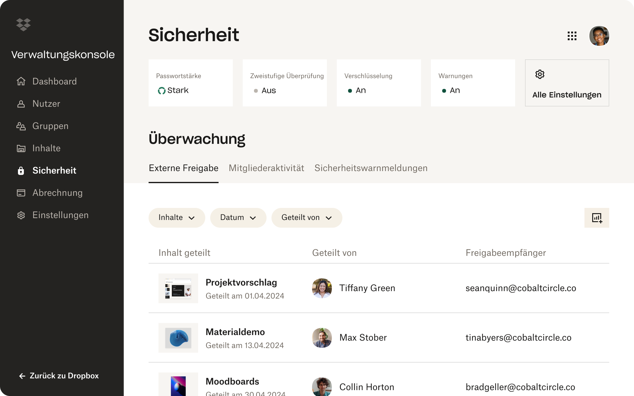 Dropbox-Verwaltungskonsole mit Passwortstärke, zweistufiger Überprüfung, Verschlüsselungseinstellungen und Überwachung freigegebener Inhalte.
