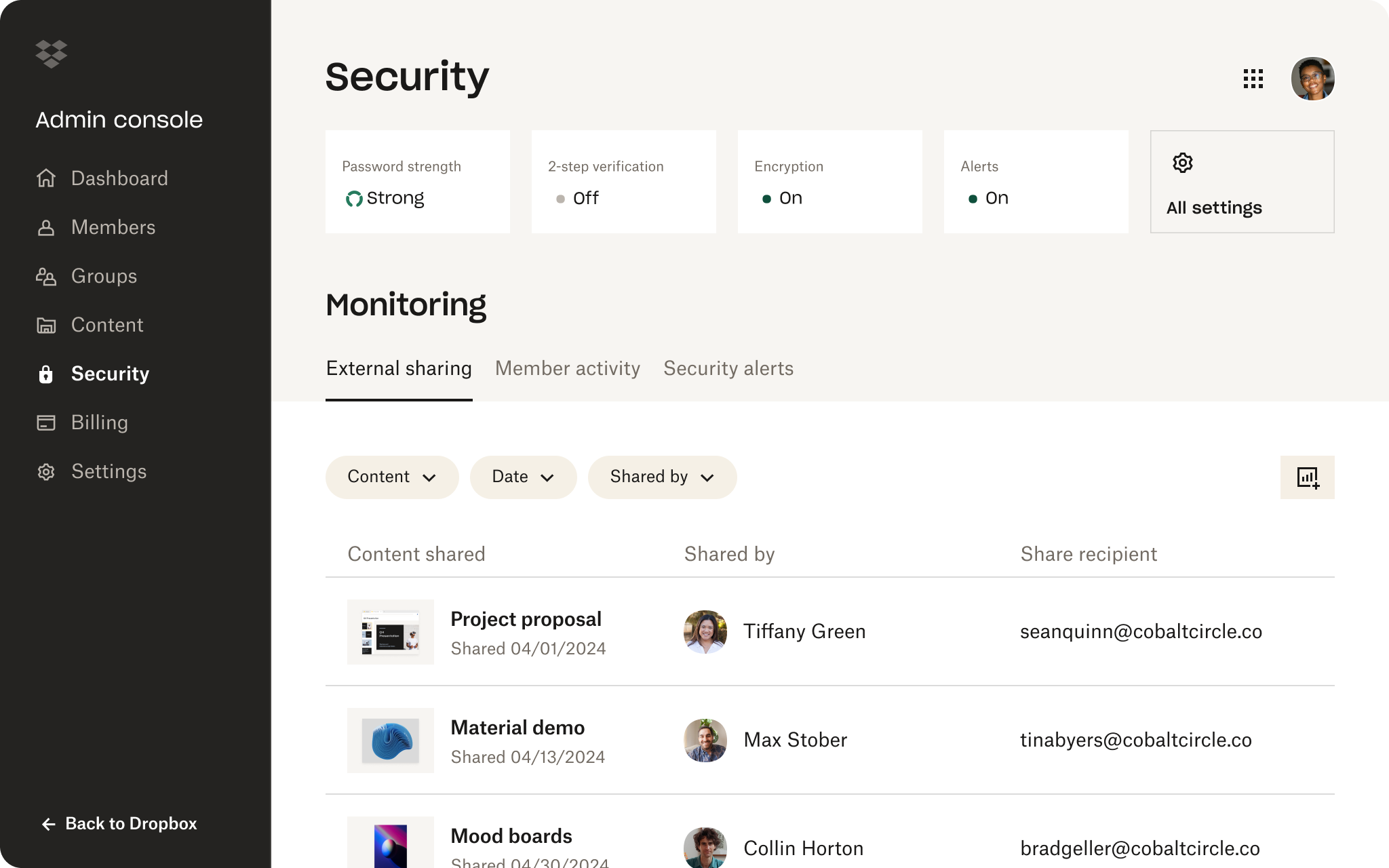 Dropbox admin console with password strength, two-step verification, encryption settings and monitoring for shared content.