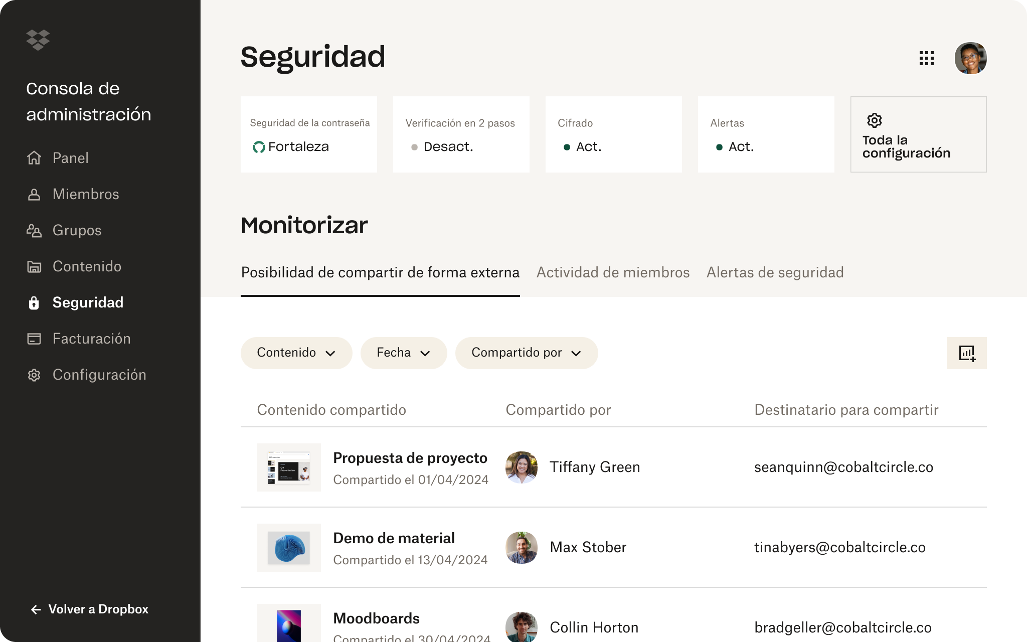 Consola de administración de Dropbox con seguridad de contraseña, verificación en dos pasos, configuraciones de cifrado y supervisión del contenido compartido.