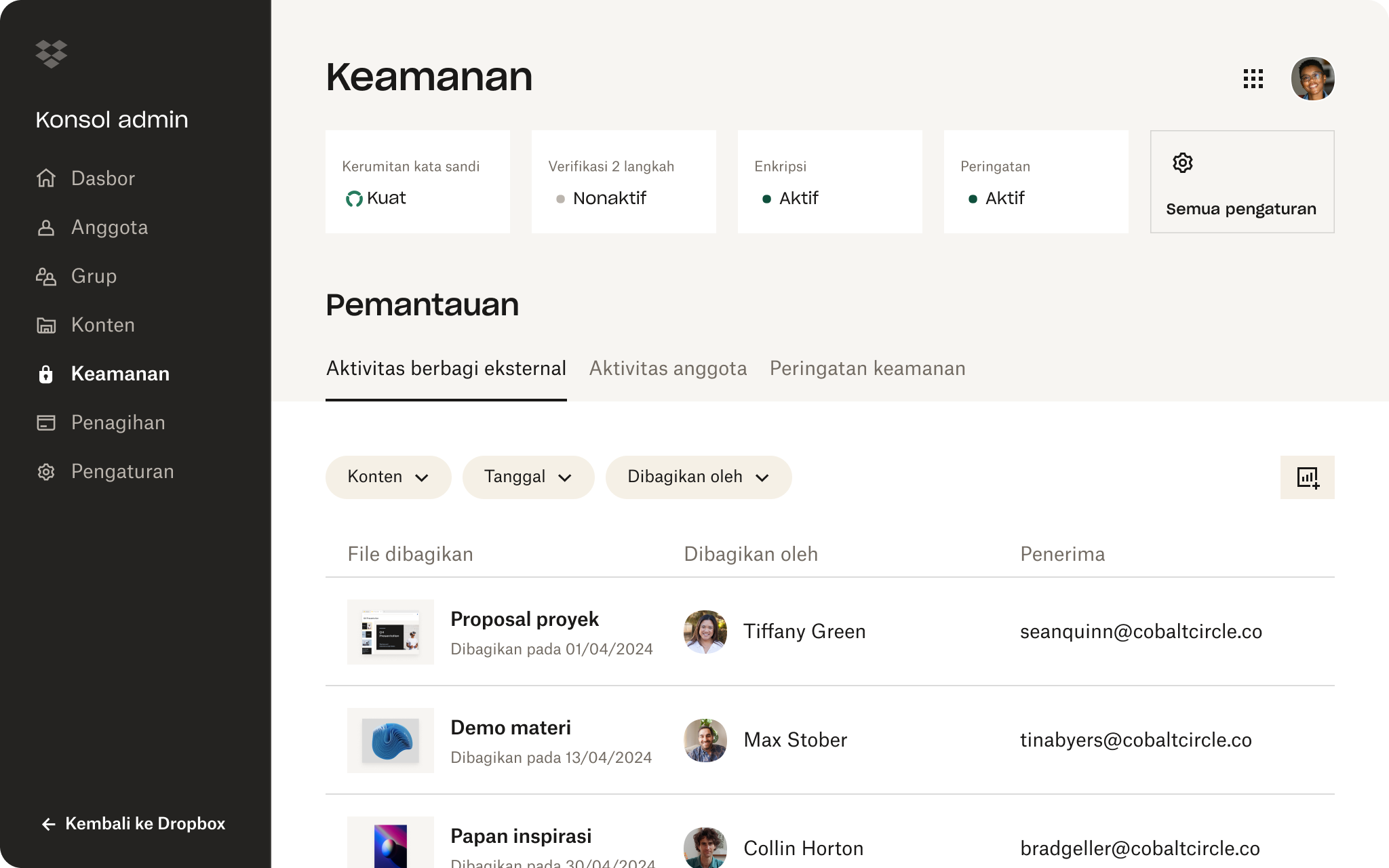 Konsol admin Dropbox dengan kekuatan kata sandi, verifikasi dua langkah, pengaturan enkripsi, dan pemantauan konten yang dibagikan.
