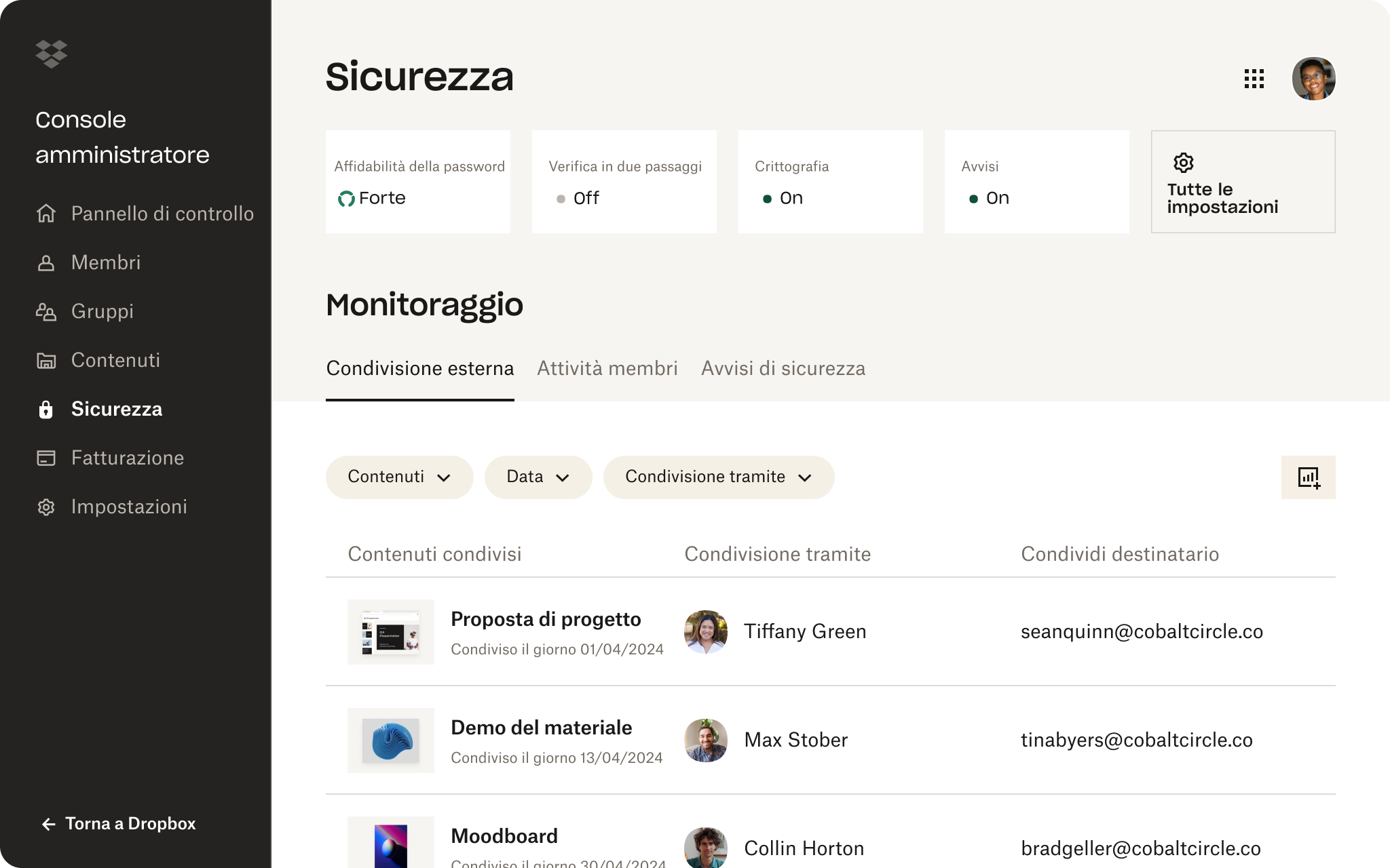 Console amministratore di Dropbox con affidabilità della password, verifica in due passaggi, impostazioni di crittografia e monitoraggio dei contenuti condivisi.