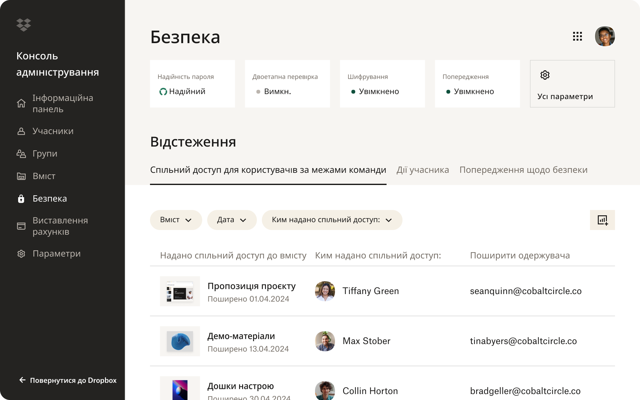 Консоль адміністрування Dropbox із надійними паролями, двоетапною перевіркою, налаштуваннями шифрування та моніторингом спільного вмісту.