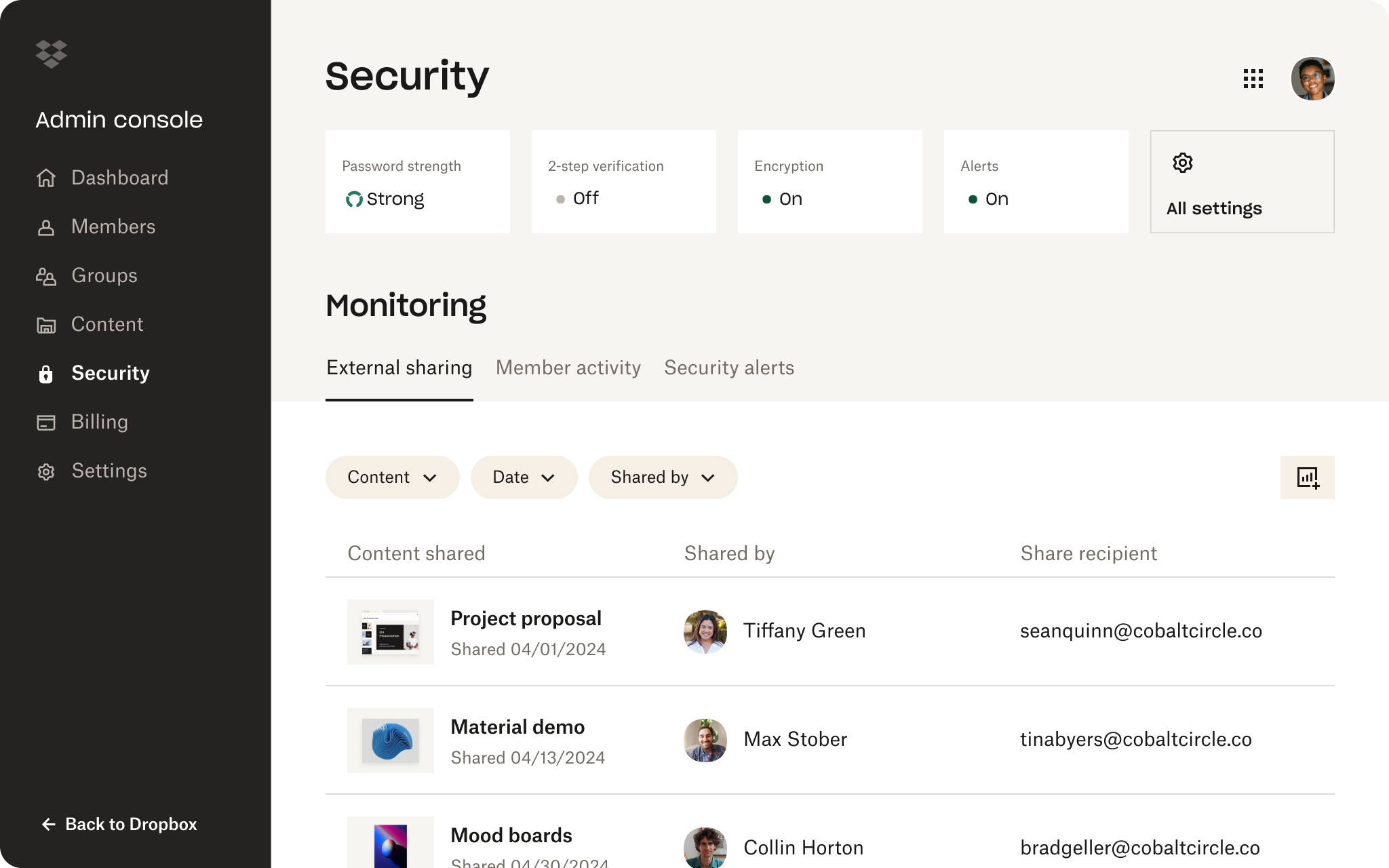 Dropbox admin console with password strength, two-step verification, encryption settings, and monitoring for shared content.