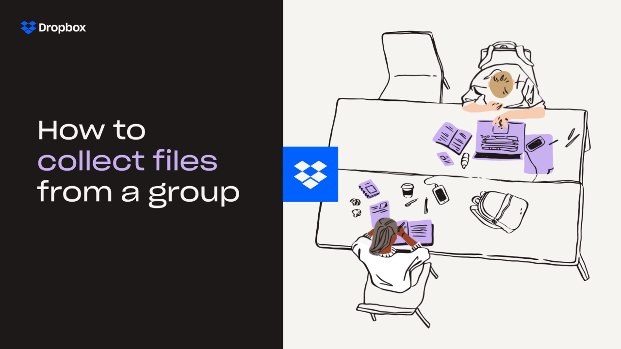 A still from a video titled “How to collect files from a group”, featuring an illustration of two people working at a desk.