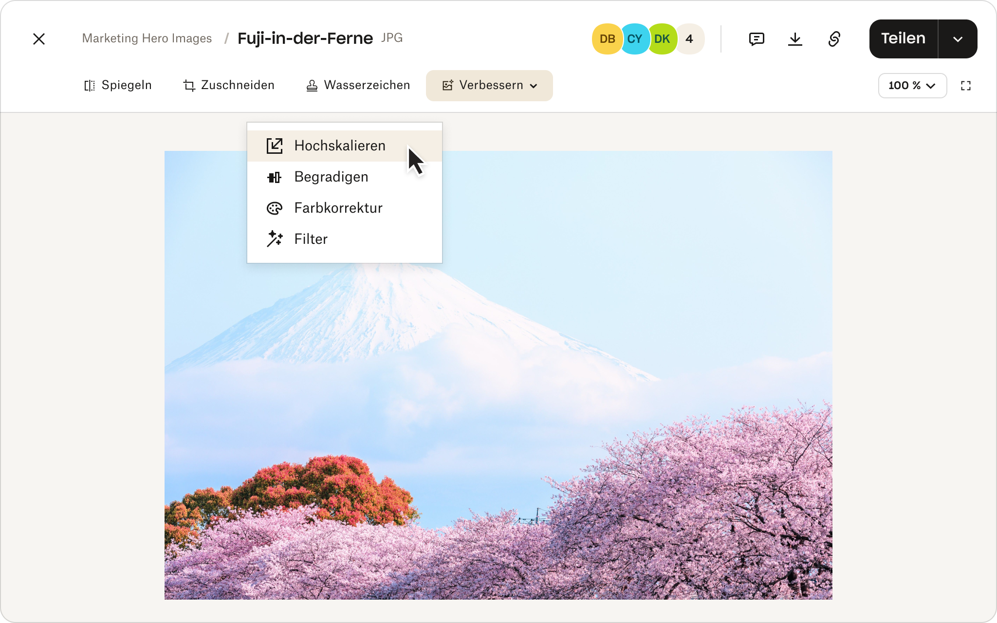Funktionen zur Fotobearbeitung im Cloud-Speicher von Dropbox.
