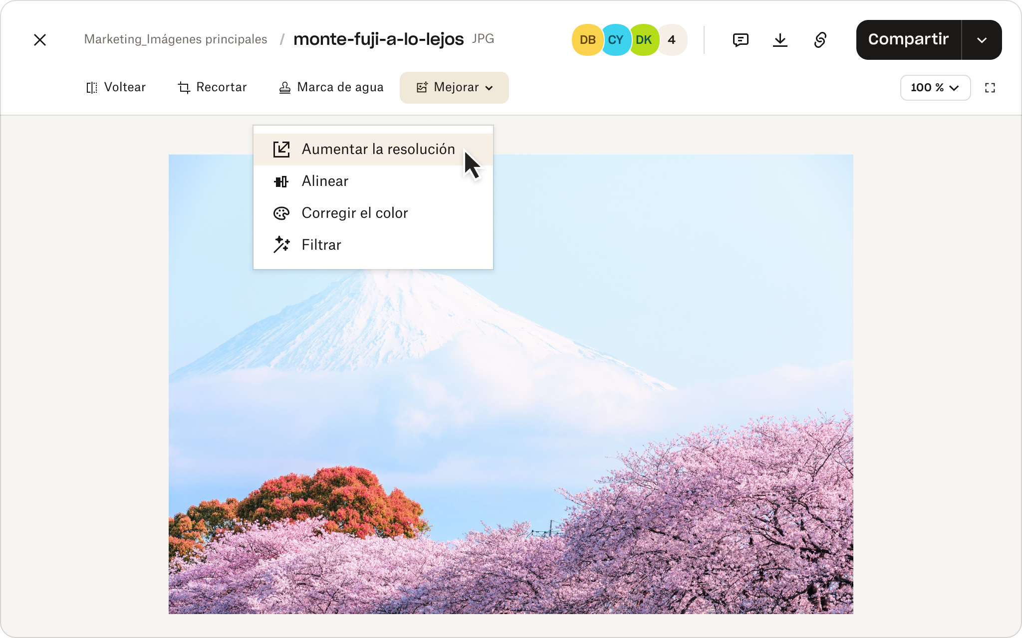 Funciones de edición de fotos en el almacenamiento en la nube de Dropbox.