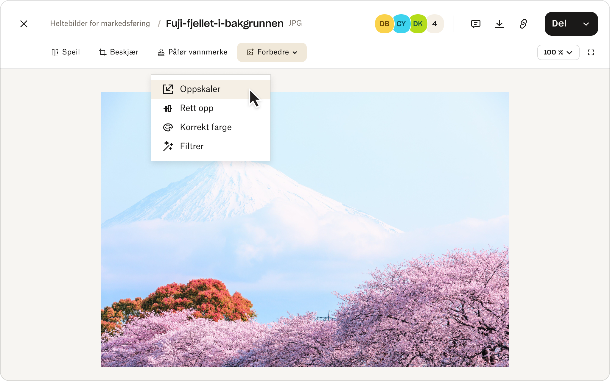Bilderedigeringsfunksjoner i nettskylagring fra Dropbox.