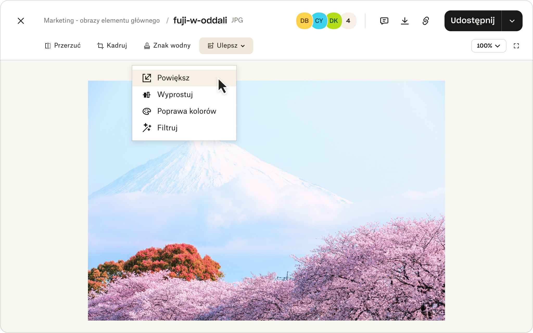 Funkcje edycji zdjęć w przechowywaniu w chmurze Dropbox.