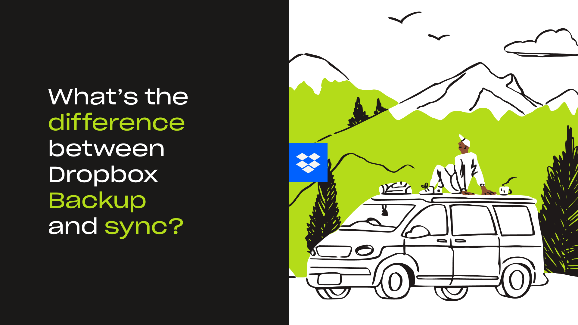 Illustration of someone sat on a van overlooking nature. A title reads “What’s the difference between Dropbox Backup and sync?”