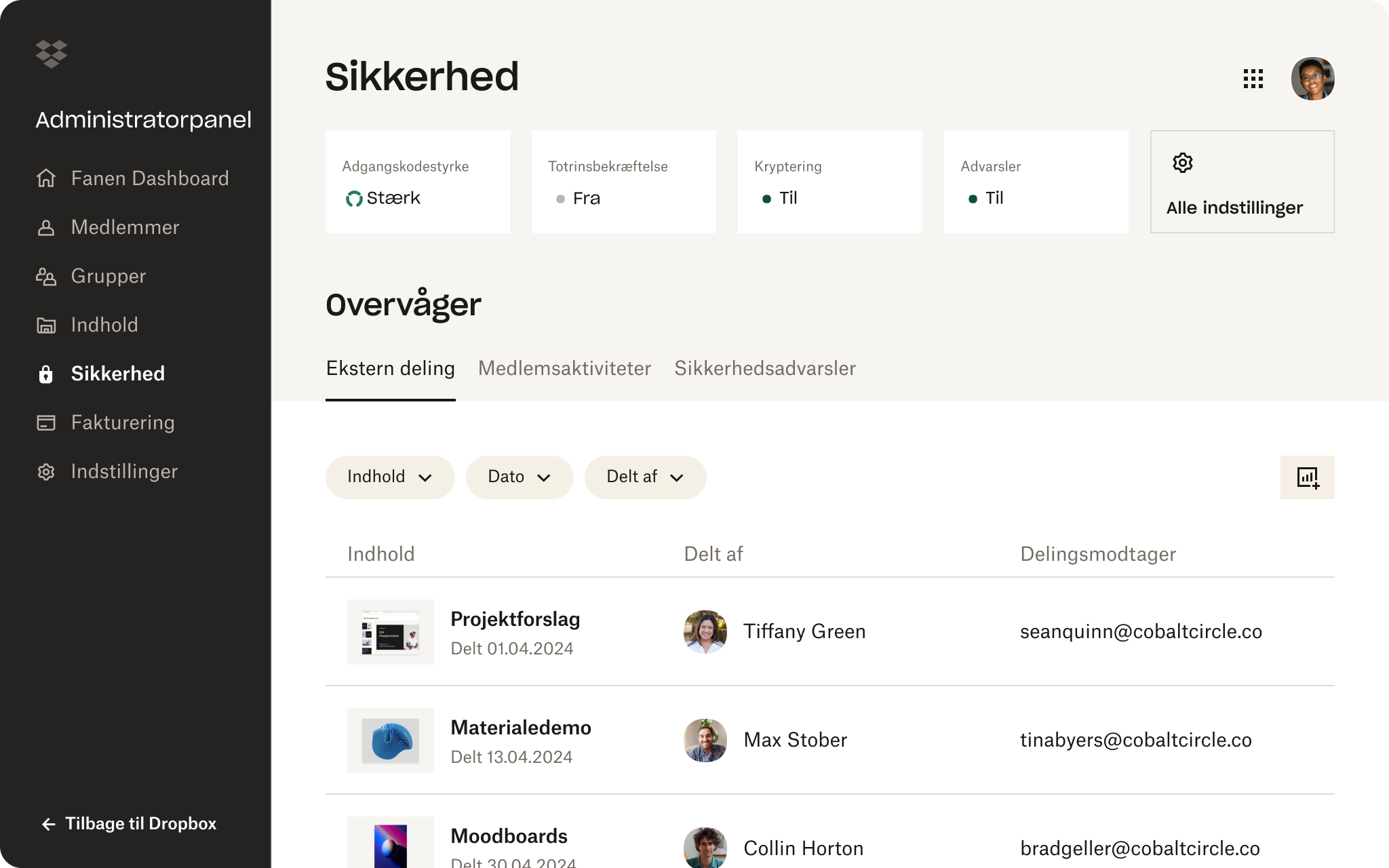 Skærmbillede af afsnittet Sikkerhed i Dropbox Admin Console. Det er vist, at brugeren har en stærk adgangskode, men ingen 2FA.
