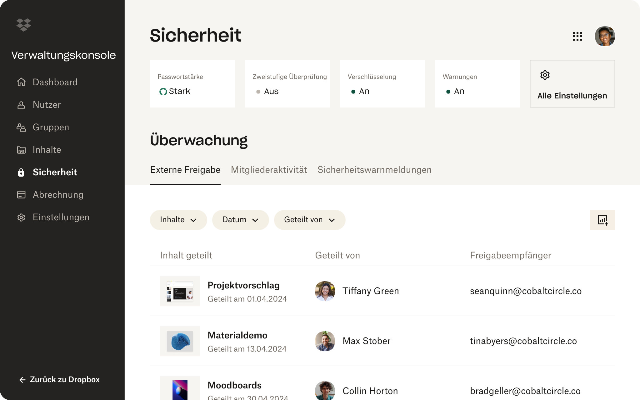 Screenshot des Abschnitts „Sicherheit“ in der Dropbox-Verwaltungskonsole. Der Nutzer hat ein starkes Passwort, verwendet jedoch nicht die 2FA.