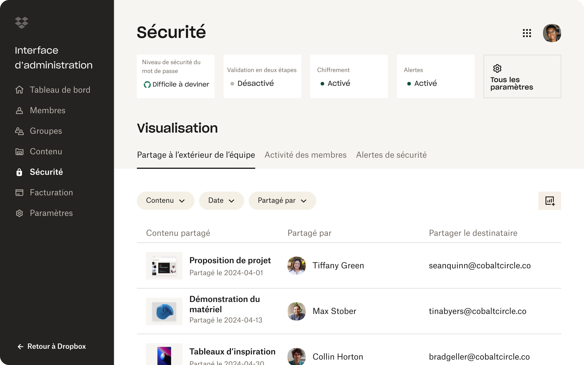 Capture d’écran de la section Sécurité de l’interface d’administration Dropbox. Il est démontré que l’utilisateur dispose d’un mot de passe fort mais pas de 2FA.