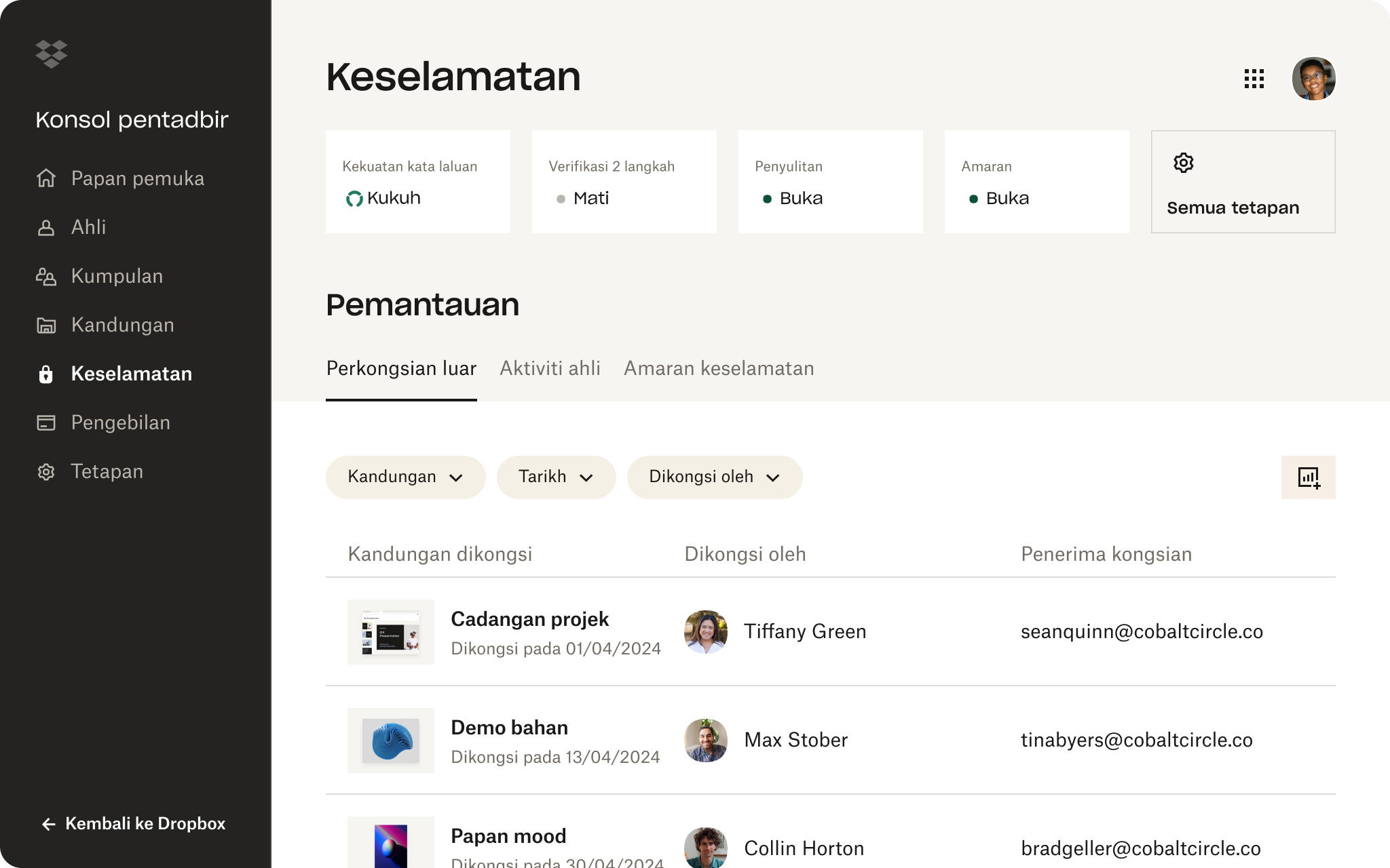 Tangkapan skrin bahagian Keselamatan Konsol Pentadbiran Dropbox. Pengguna ditunjukkan mempunyai kata laluan yang kuat tetapi tiada 2FA.