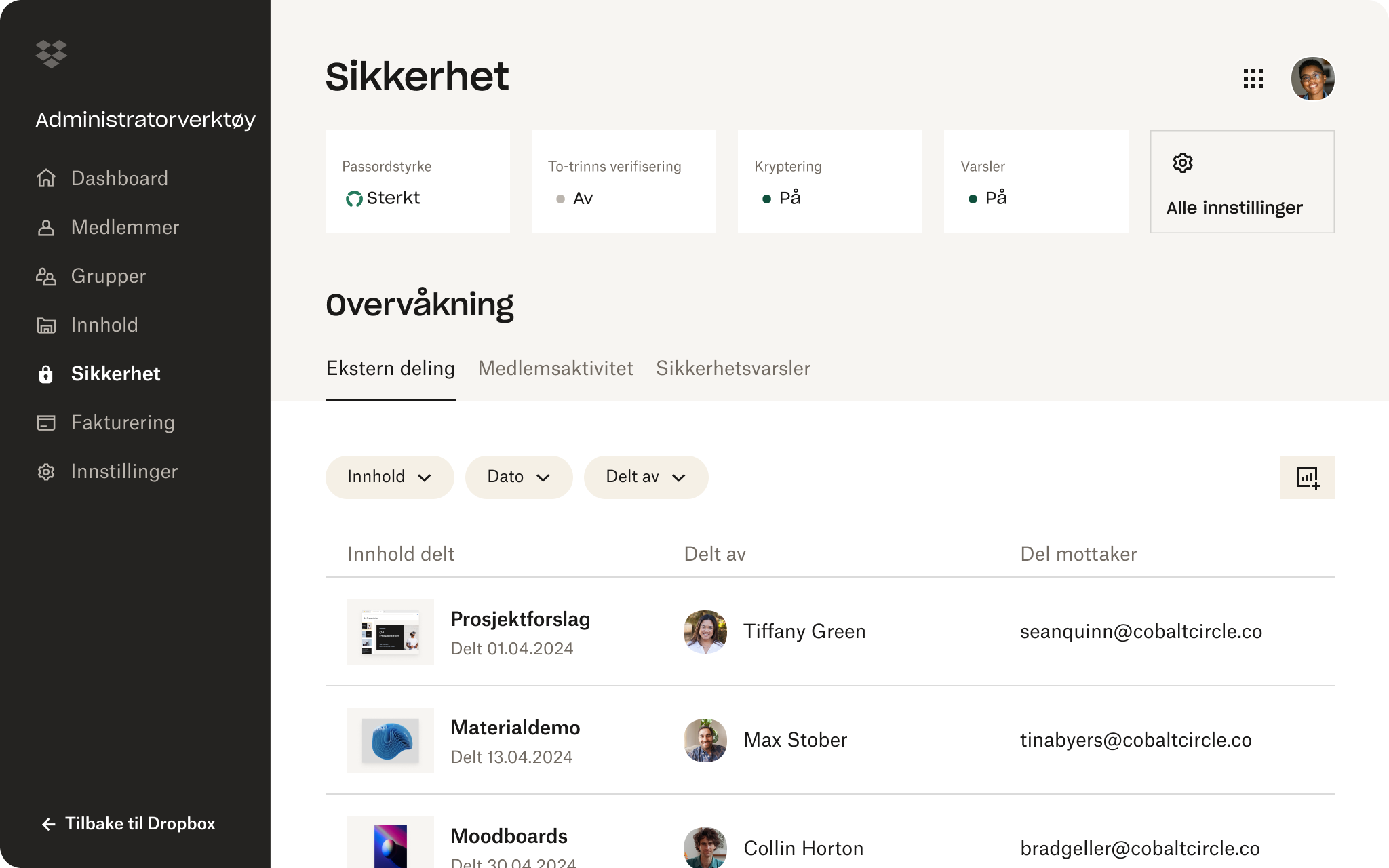 Skjermbilde av sikkerhetsdelen av Dropbox Admin Console. Det vises at brukeren har et sterkt passord, men ingen 2FA.