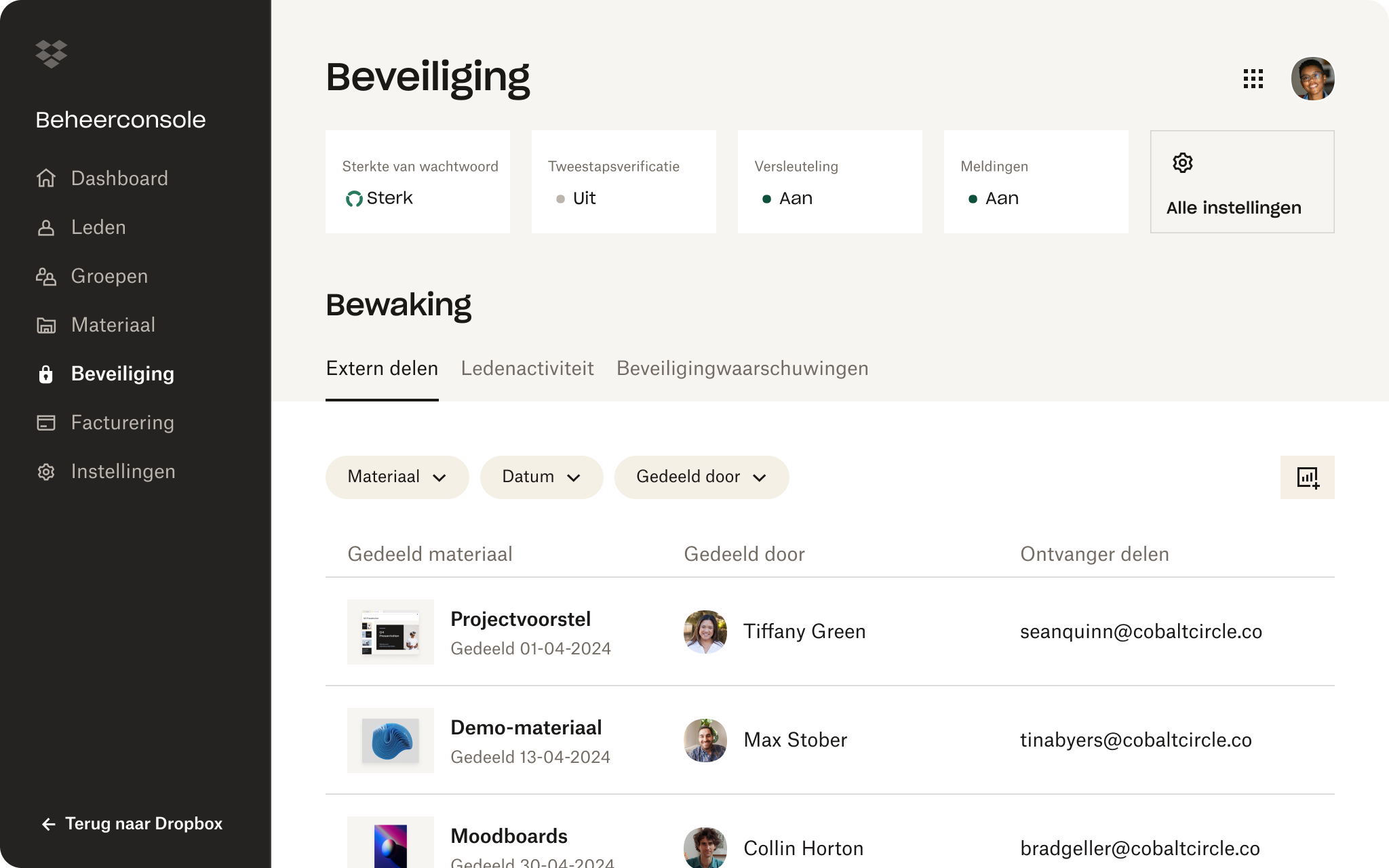 Het dashboard voor beveiligingsmonitoring in de beheerconsole met daarop de wachtwoordsterkte, de status van tweestapsverificatie, de versleutelingsstatus en details over gedeelde content