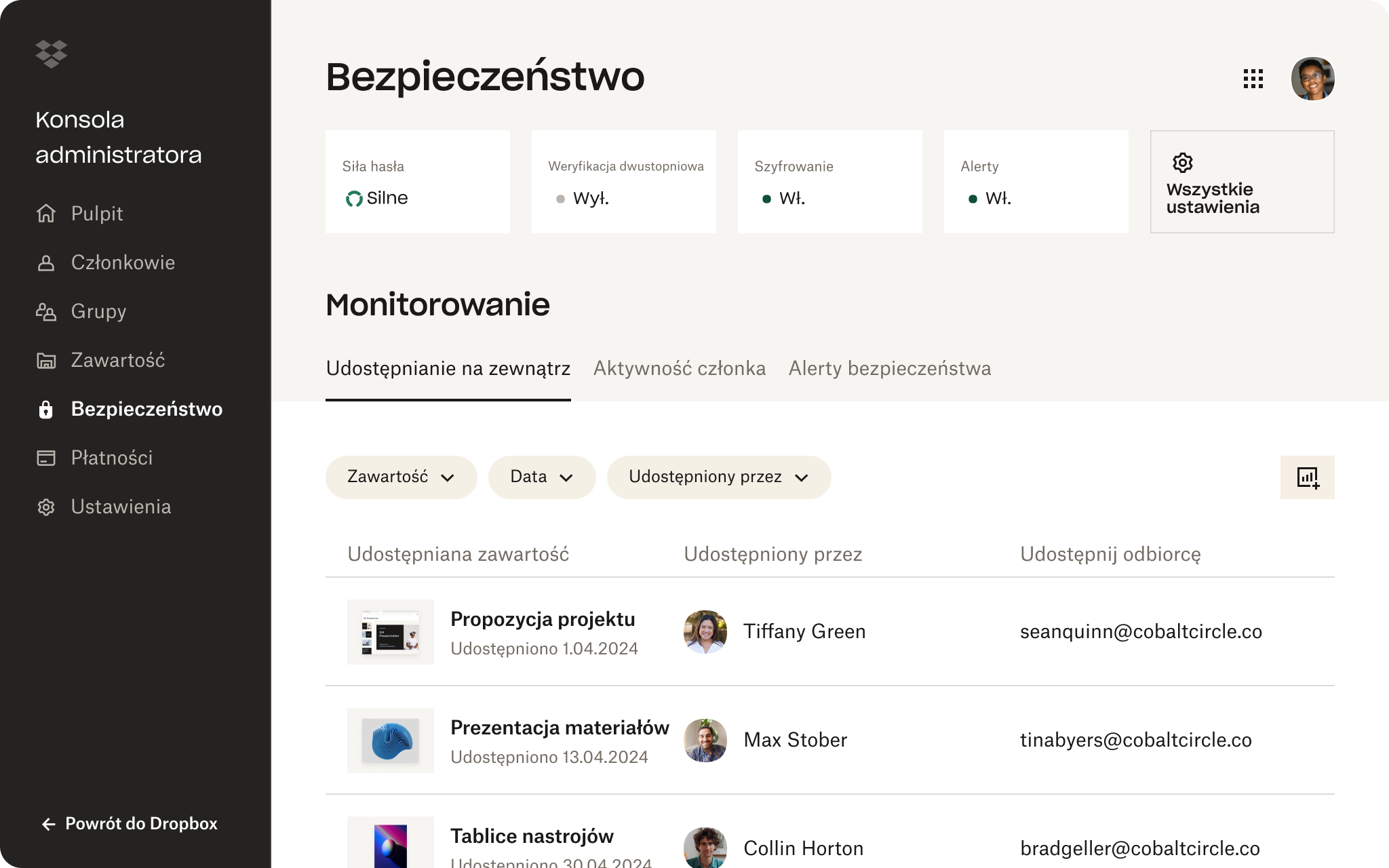 Pulpit monitorowania zabezpieczeń konsoli administratora pokazuje siłę hasła, stan weryfikacji dwustopniowej i szyfrowania oraz szczegóły udostępnionej zawartości.