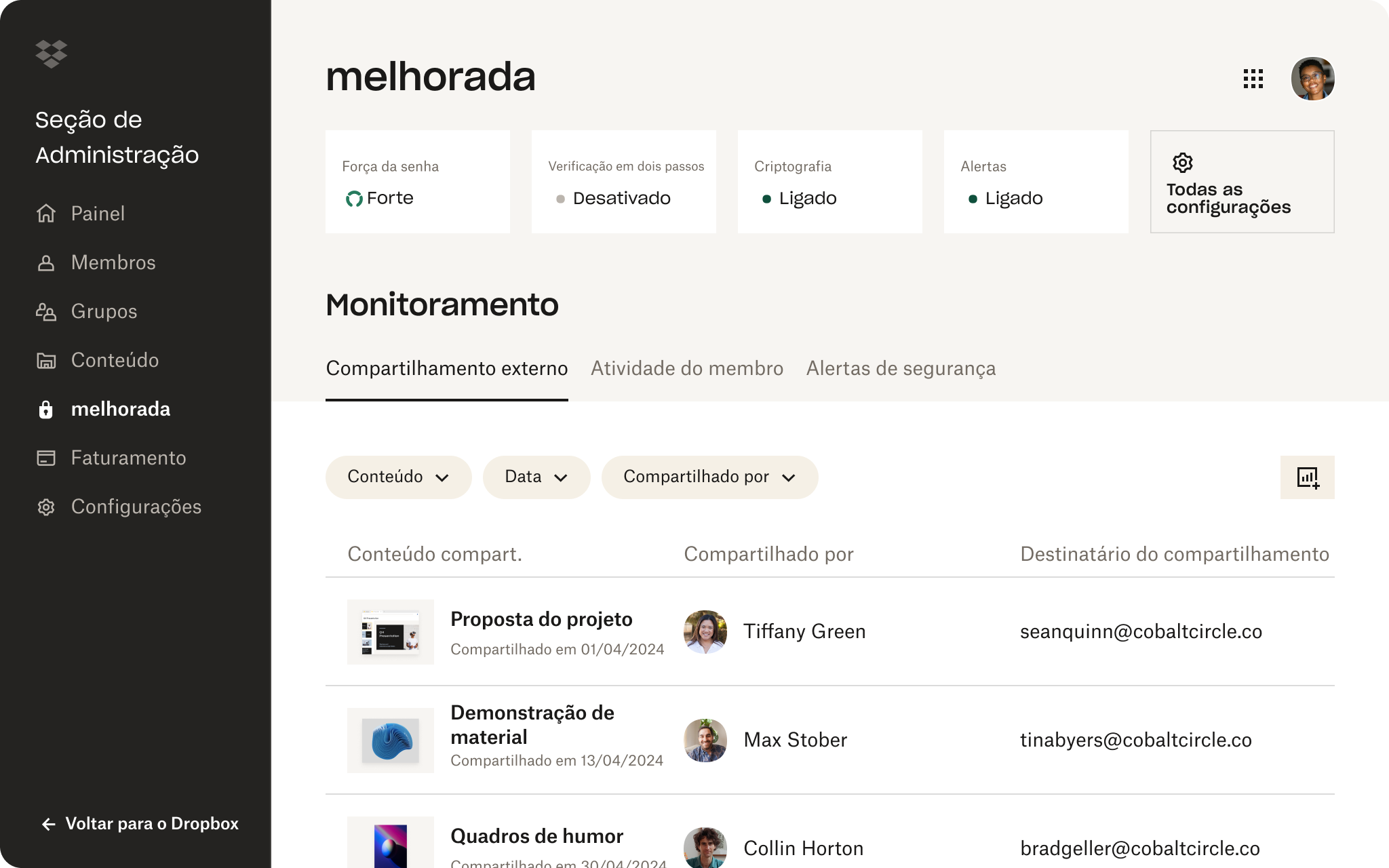 Captura de tela da área de Segurança da seção de Administração do Dropbox. É mostrado que o usuário tem uma senha forte, mas não usa 2FA.