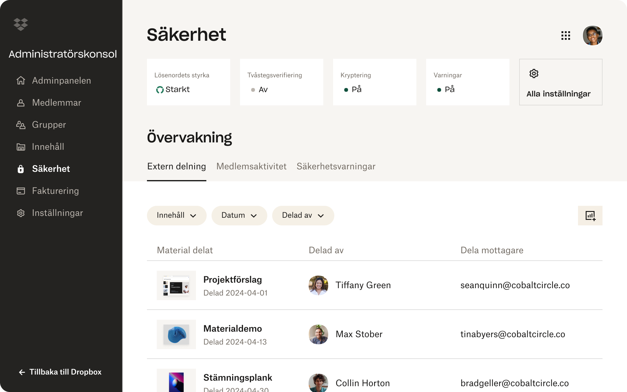 Skärmdump av avsnittet Säkerhet i Dropbox Admin Console. Användaren visas ha ett starkt lösenord men inget 2FA.