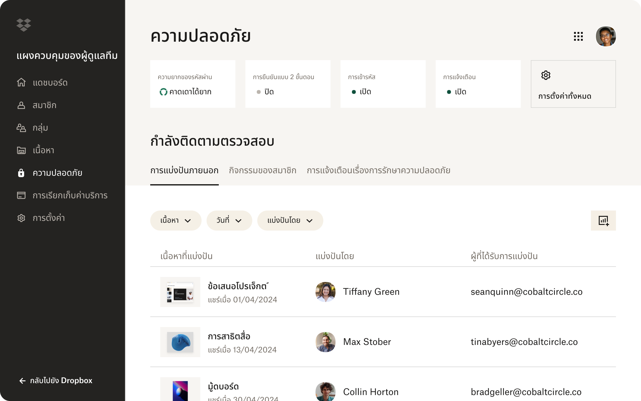 ภาพหน้าจอของส่วนความปลอดภัยของคอนโซลผู้ดูแลระบบ Dropbox แสดงให้เห็นว่าผู้ใช้มีรหัสผ่านที่แข็งแกร่งแต่ไม่มี 2FA