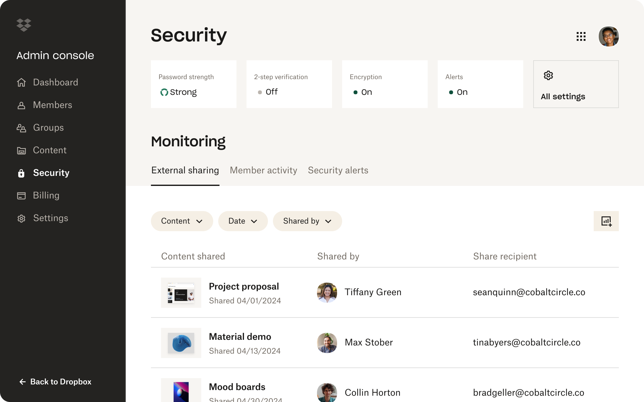 Admin console security monitoring dashboard shows password strength, two-step verification status, encryption status, and shared content details.