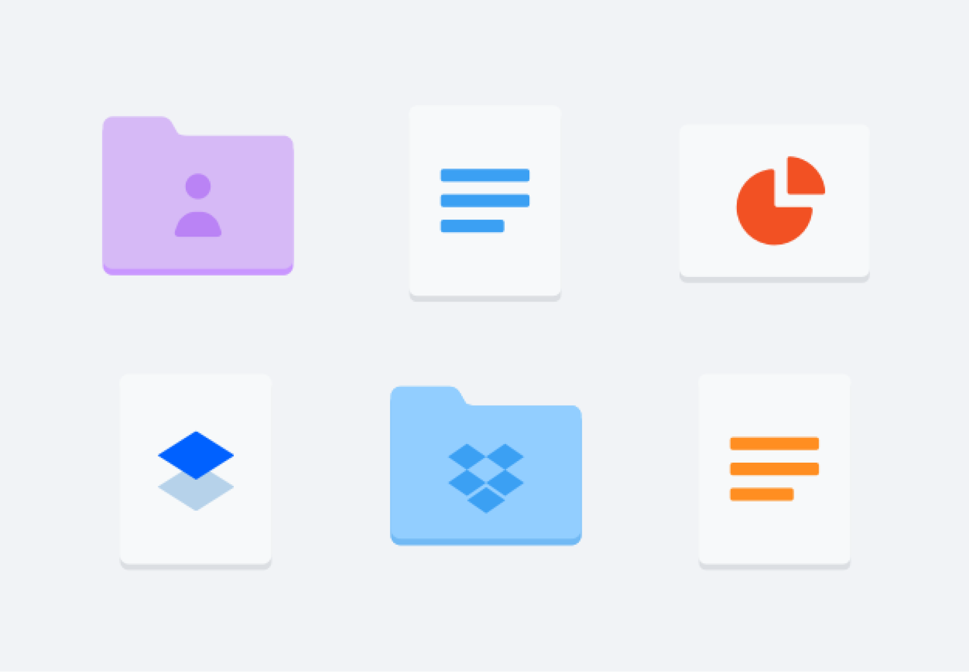 Eine Abbildung von sechs Symbolen, darunter Ordner, Dokumente und Diagramme, als Beispiele von Dateien und Ordner, die in Dropbox gespeichert werden.