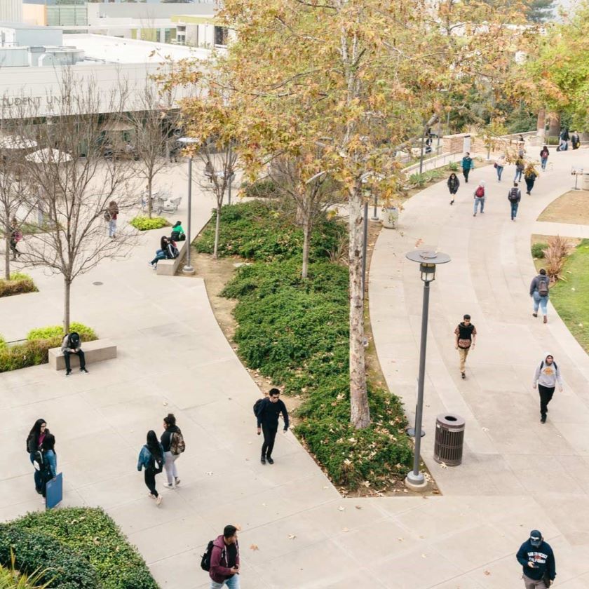 Students walk across a university campus.