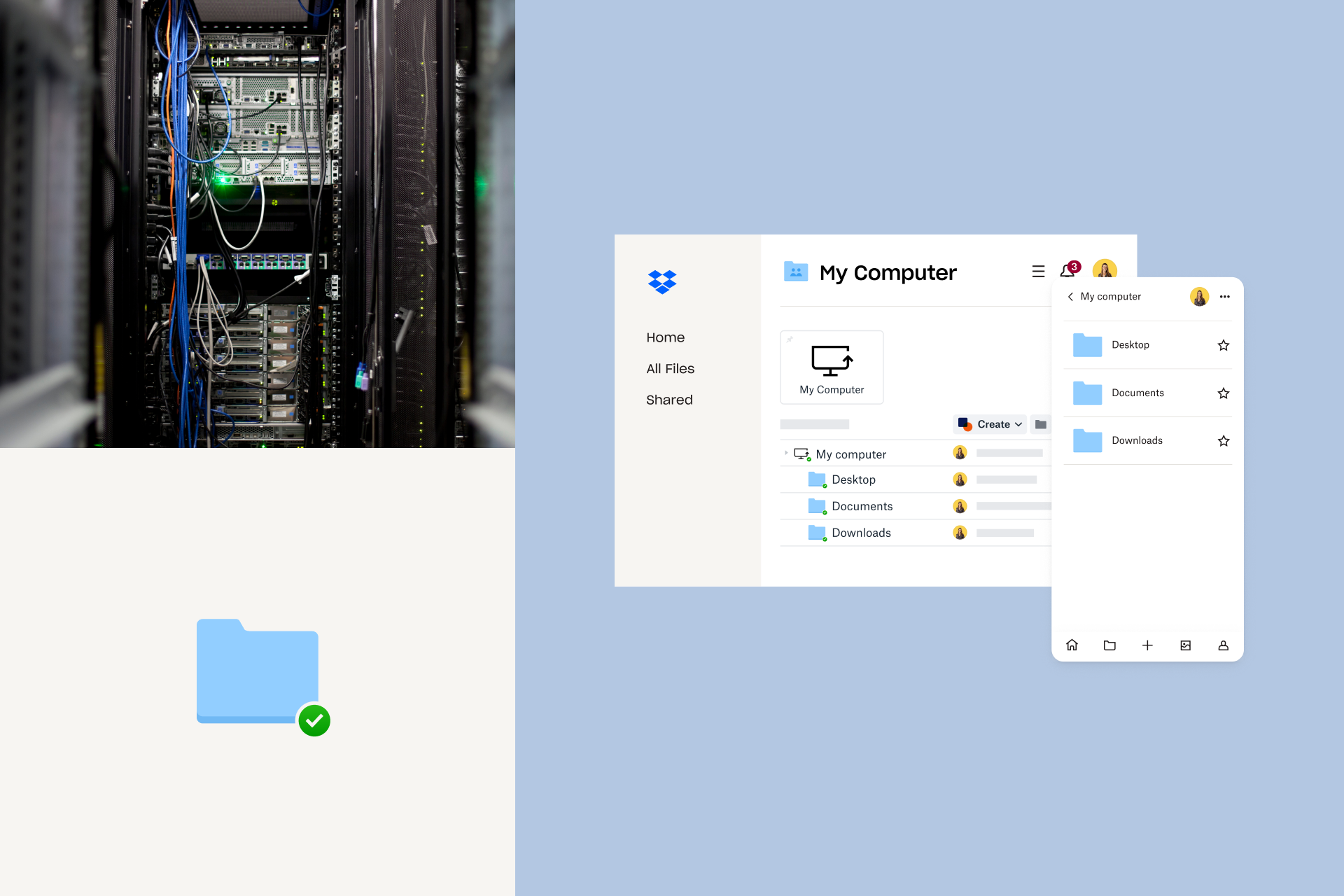 Image showing a server rack, a file folder with a checkmark, and the Dropbox UI with folders like Desktop and Documents.