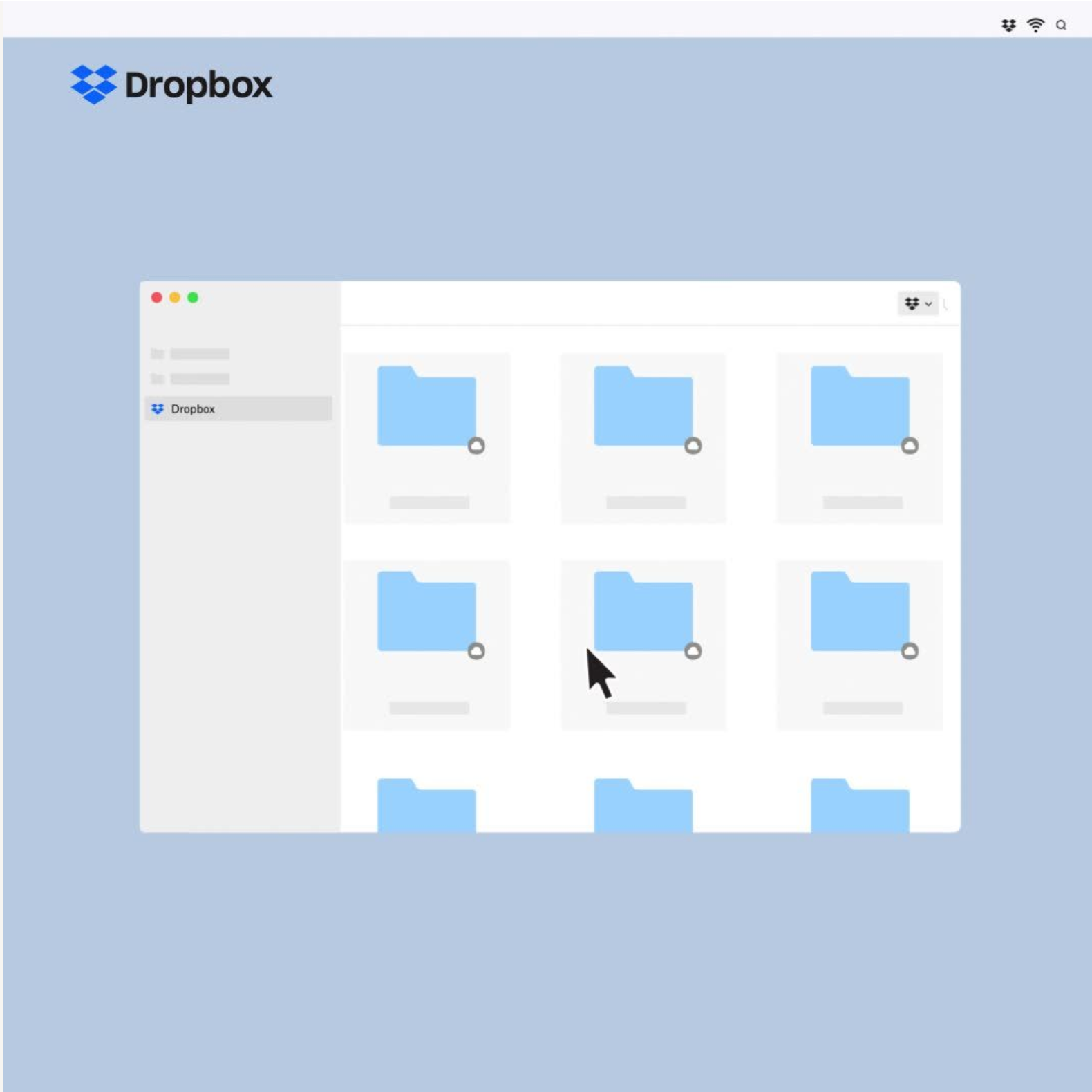 Dropbox UI 显示了云存储井然有序的文件夹，用光标选择一个文件夹，象征着轻松访问文件。