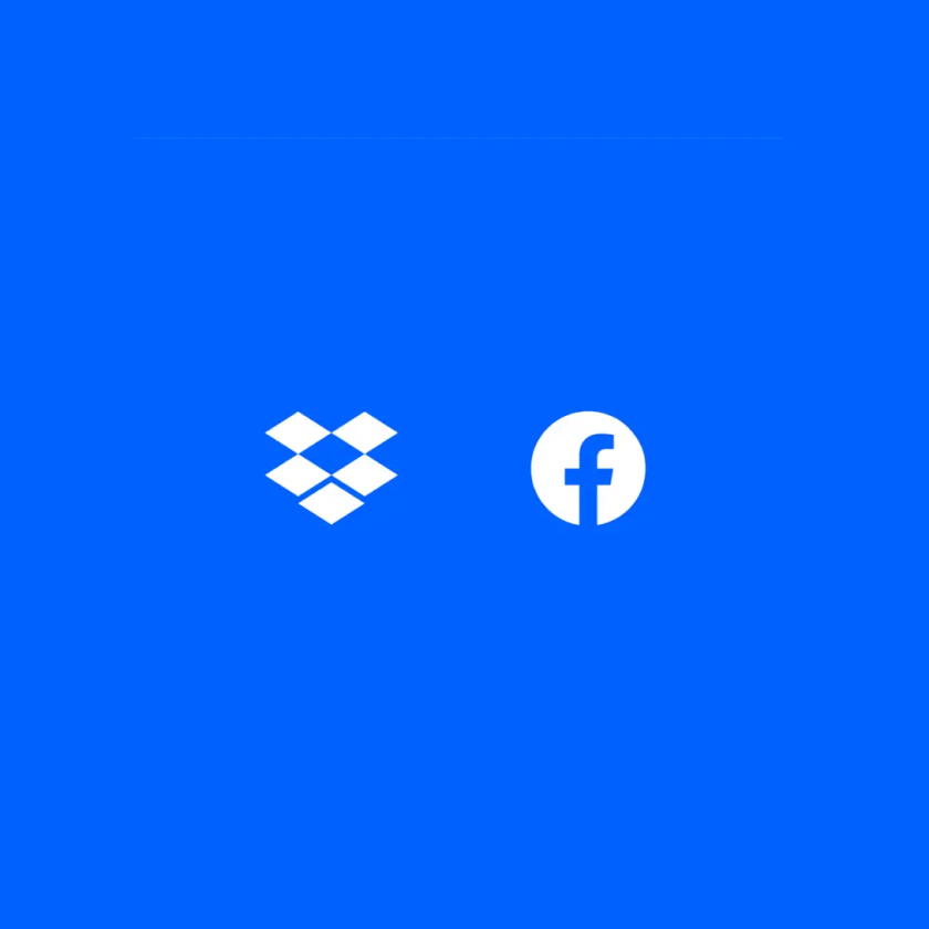 Hvite versjoner av Dropbox- og Facebook-logoene sitter ved siden av hverandre på en solid blå bakgrunn.