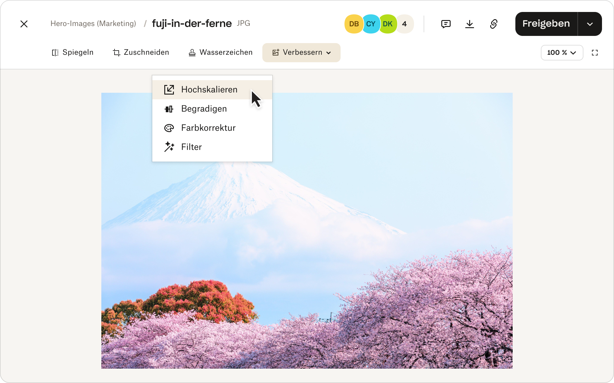 Bildbearbeitungsmenü über einer Landschaftsaufnahme des Fuji mit Kirschblüten im Vordergrund