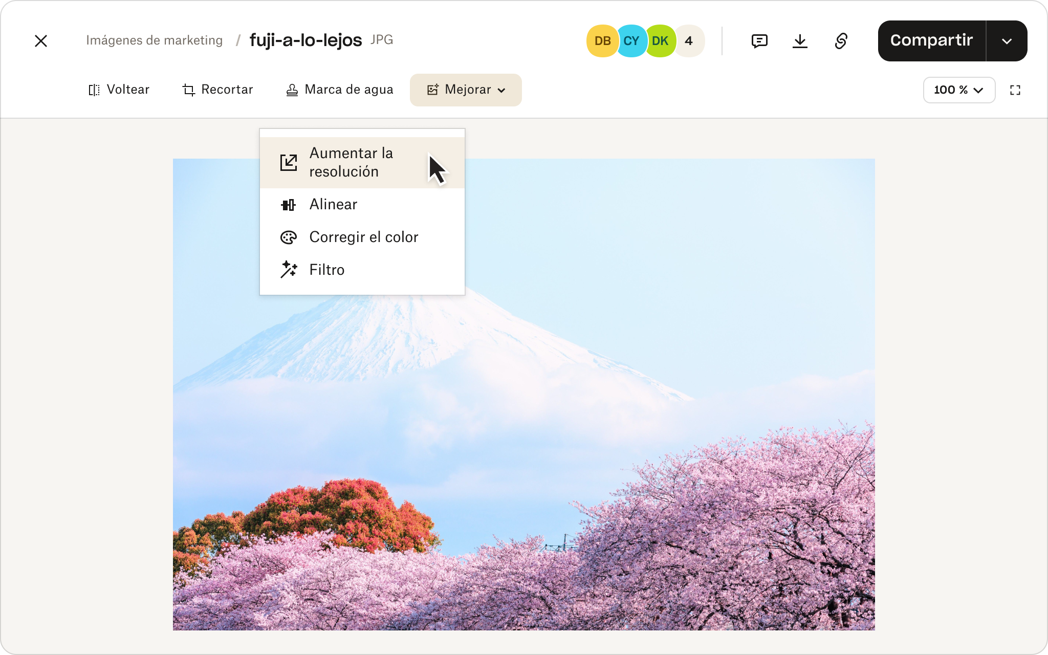 Menú de edición de imágenes sobre un paisaje que muestra el monte Fuji y los cerezos en flor en primer plano