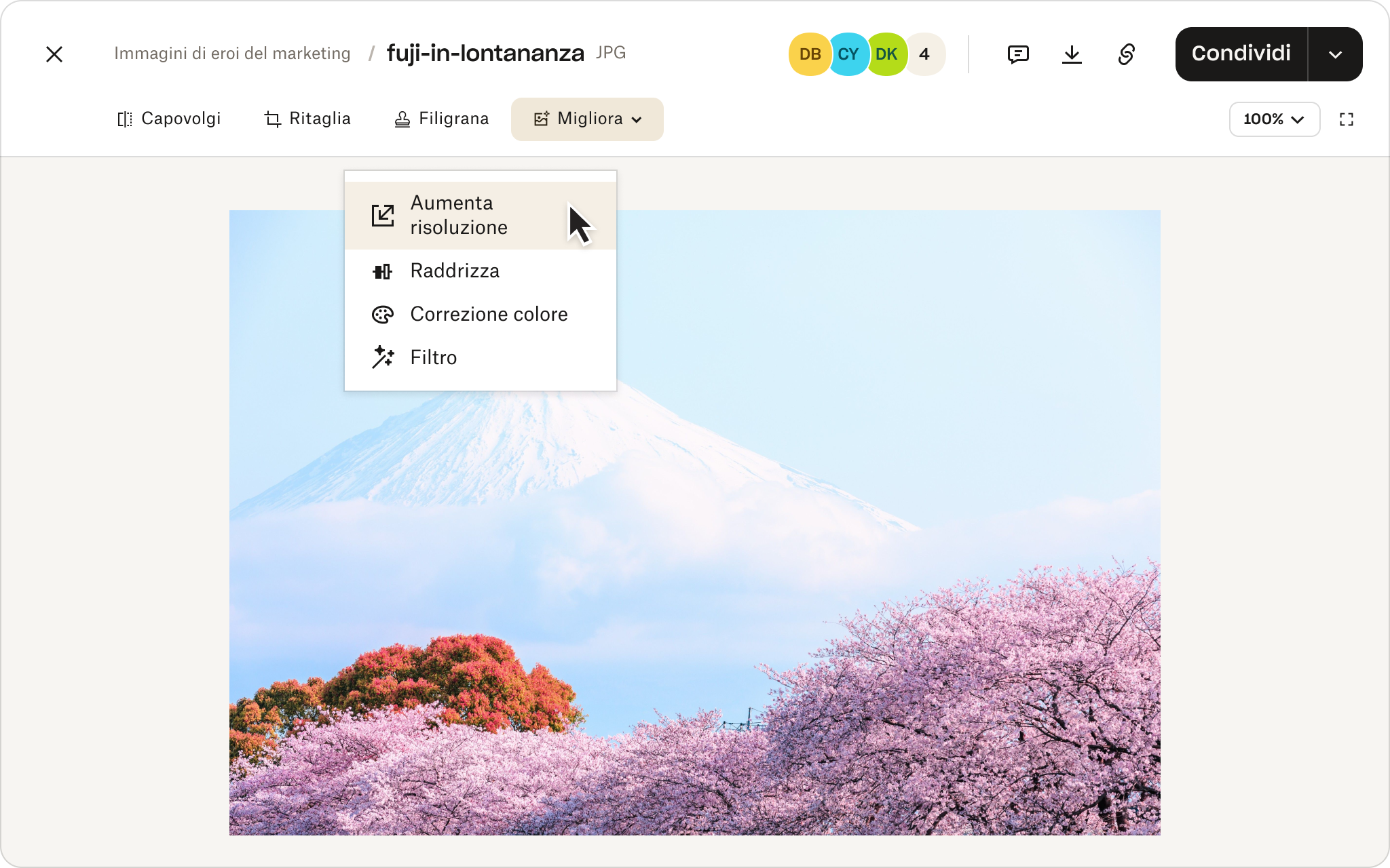 Menu di modifica delle immagini su un paesaggio che mostra il Monte Fuji e i fiori di ciliegio in primo piano