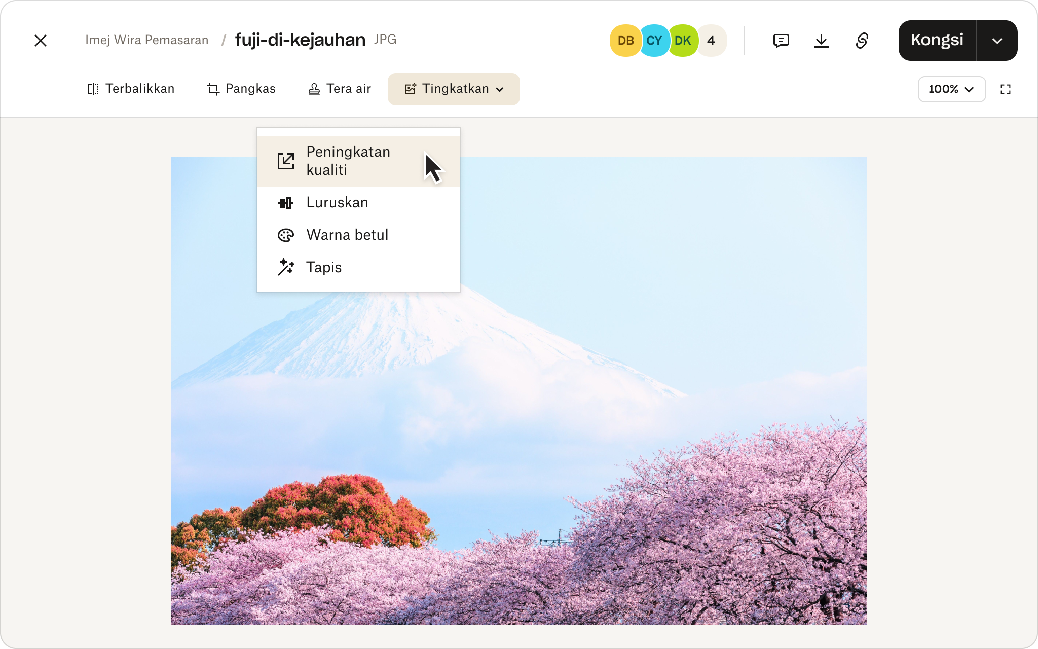 Menu pengeditan imej pada landskap yang menunjukkan Gunung Fuji dan bunga sakura di latar depan