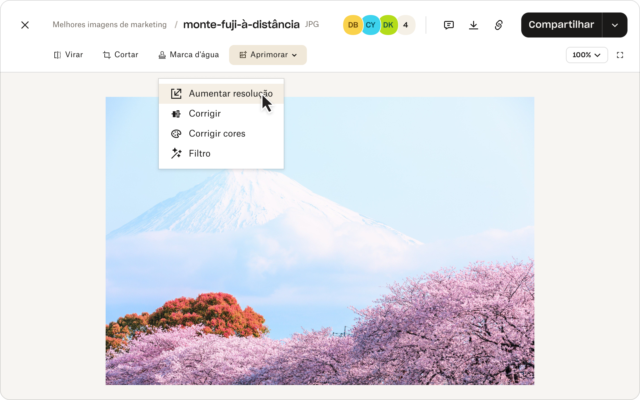 Menu de edição de imagem sobre uma paisagem mostrando o Monte Fuji e flores de cerejeira em primeiro plano