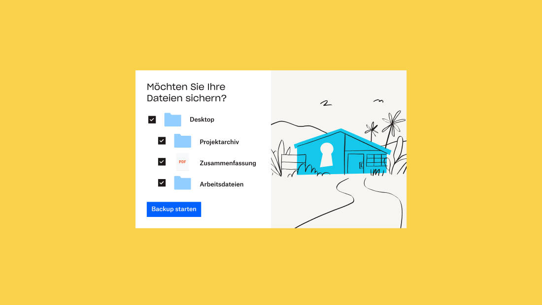 Ordner und drei Unterordner mit Kästchen neben diesen in der Dropbox-Benutzeroberfläche, darunter die Eingabeaufforderung „Möchten Sie Ihre Datei sichern?“