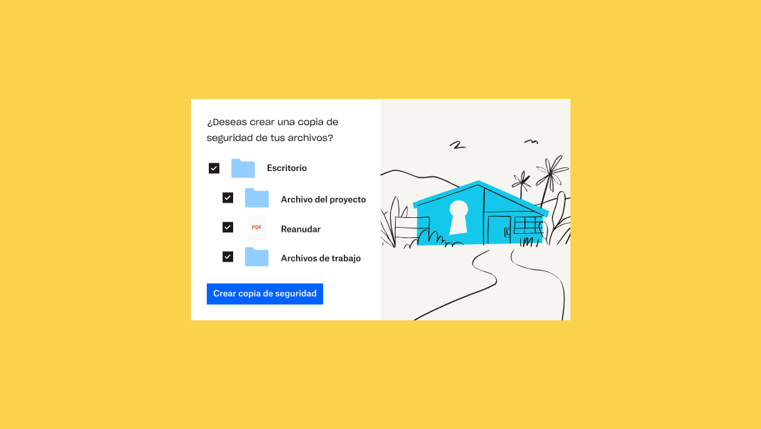 Una carpeta y tres subcarpetas con casillas de verificación junto a ellas en la interfaz de usuario de Dropbox, debajo de la pregunta “¿Quieres hacer una copia de seguridad de tus archivos?”