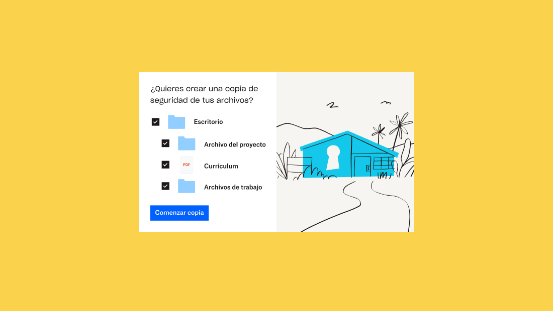 Una carpeta y tres subcarpetas con casillas de verificación junto a ellas en la interfaz de usuario de Dropbox, debajo del mensaje "¿Quieres hacer una copia de seguridad de tus archivos?"