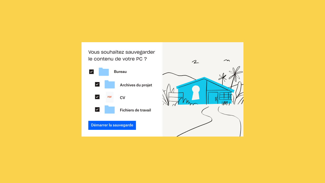 Un dossier et 3 sous-dossiers avec des cases à cocher à côté dans l’interface utilisateur Dropbox, sous l’invite « Voulez-vous sauvegarder vos fichiers ? »
