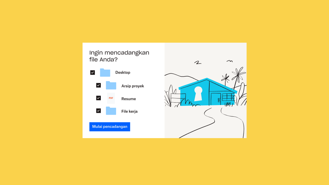 Folder dan 3 subfolder dengan kotak centang di sebelahnya di UI Dropbox, di bawah perintah “Ingin mencadangkan file Anda?”