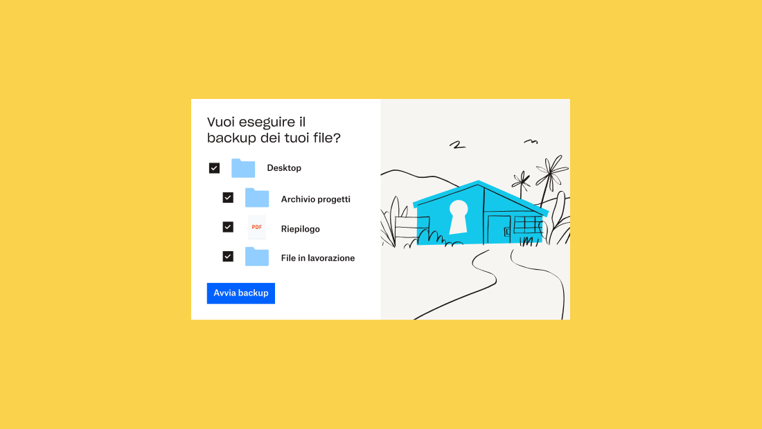 Una cartella e tre sottocartelle con accanto delle caselle di controllo nell’interfaccia utente di Dropbox, sotto la richiesta “Vuoi eseguire il backup dei file?”