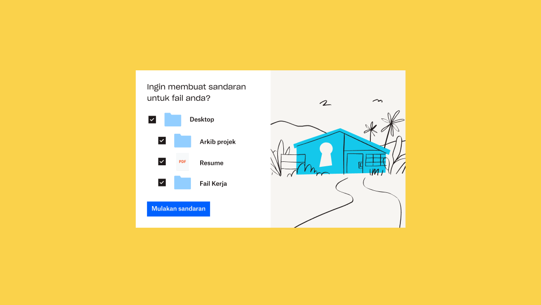 Satu folder dan 3 subfolder dengan kotak pilihan di sebelahnya dalam UI Dropbox, di bawah gesaan &quot;Mahu menyandarkan fail anda?&quot;