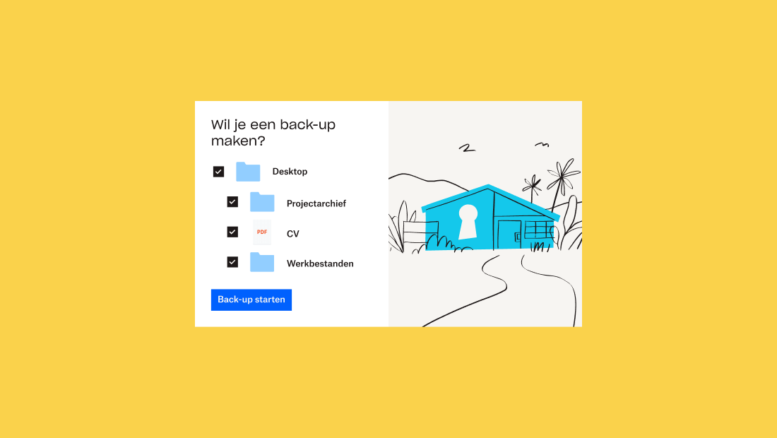 Een map en drie submappen met selectievakjes ernaast in de Dropbox-gebruikersinterface, onder de vraag 'Wilt u een back-up maken van uw bestanden?'