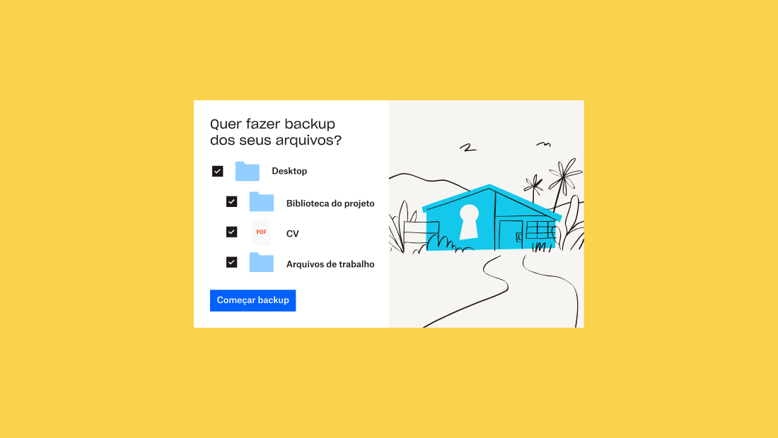 Uma pasta e 3 subpastas com caixas de seleção ao lado na interface do Dropbox, abaixo da opção “Deseja fazer backup dos arquivos?”