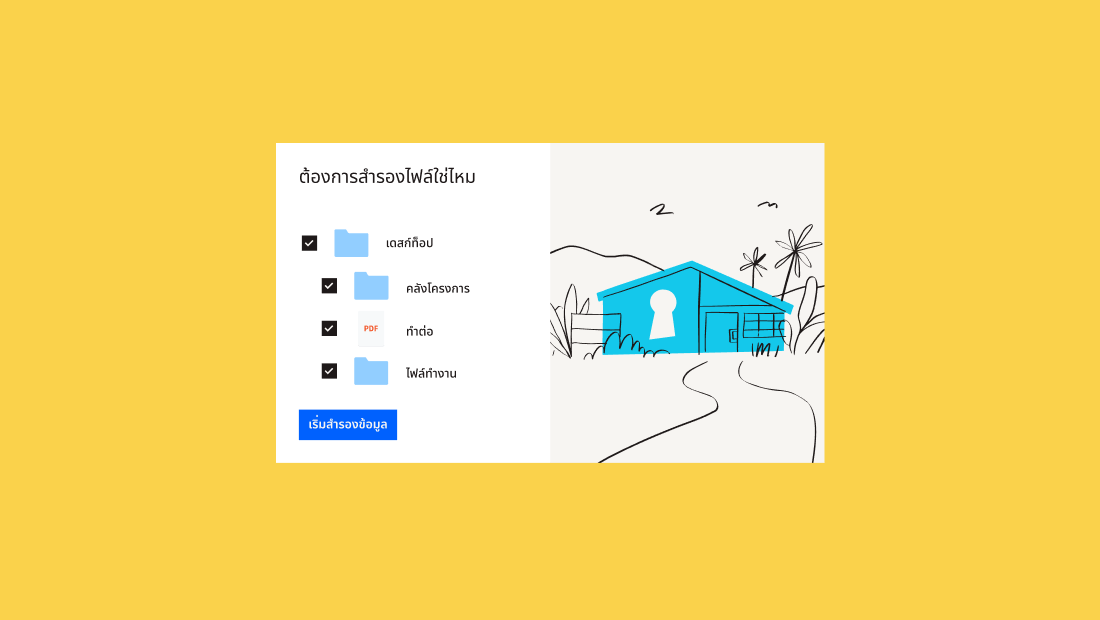 โฟลเดอร์และโฟลเดอร์ย่อย 3 โฟลเดอร์พร้อมช่องกาเครื่องหมายอยู่ข้างๆ ใน UI ของ Dropbox ภายใต้ข้อความแจ้งเตือน "ต้องการสำรองไฟล์ของคุณหรือไม่"