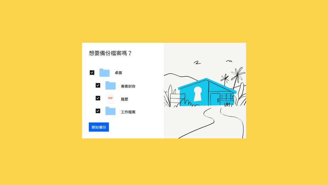 Dropbox UI 中,在「想要備份您的檔案嗎?」提示下方,有一個資料夾和 3 個子資料夾,旁邊有複選框。