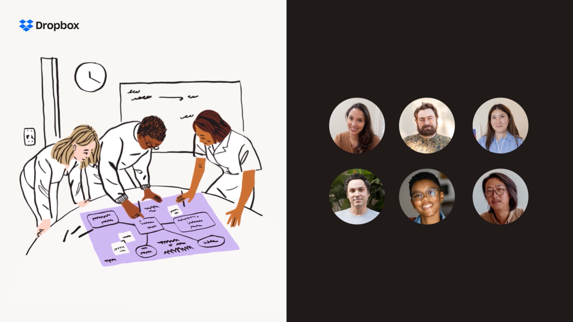 An illustration of three people leaning over a plan in an office is shared with six team members using a Dropbox file request.