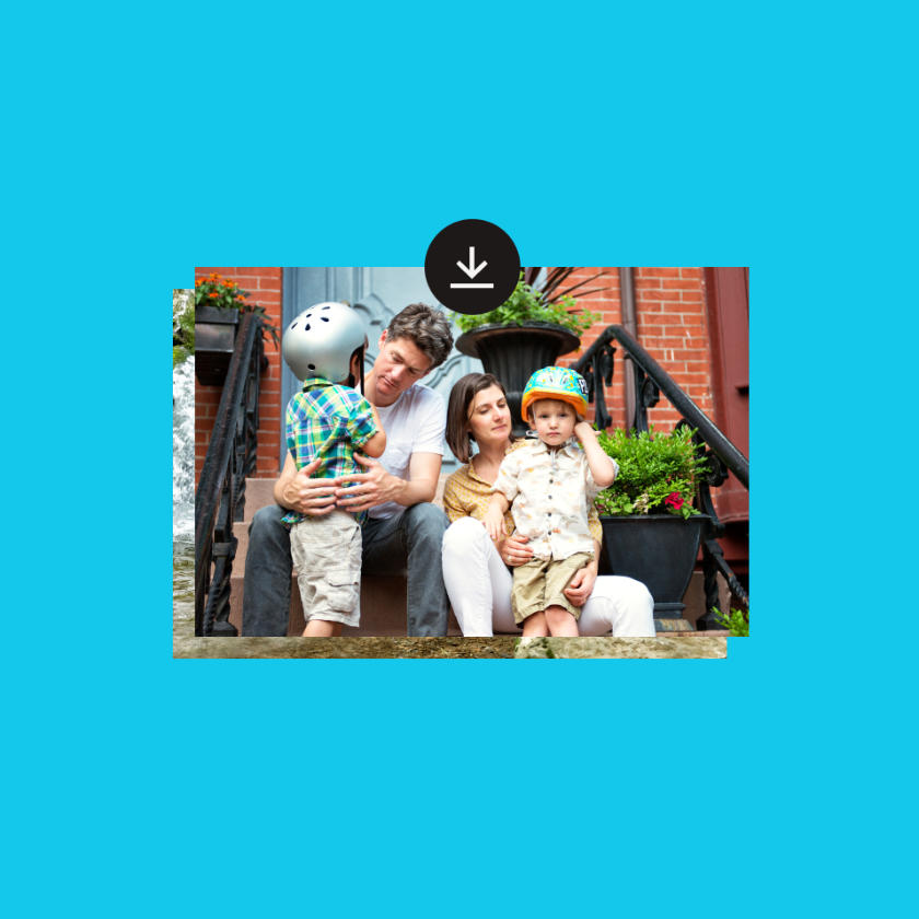 A photo of a couple with two kids, on a blue background. A symbol at the top of the photo indicates it is being downloaded.