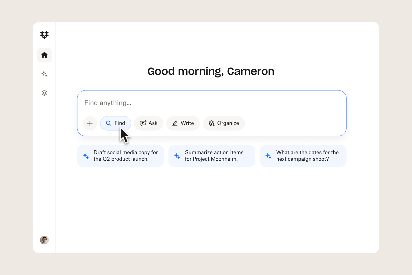 Dropbox Dash interface with options to find, ask, write, or organize content, showing a smart productivity dashboard.